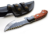 D2 Hunting Knife with Hand-Carved Orange Wood Handle, Leather Sheath