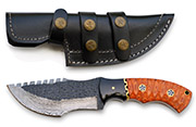 Damascus Hunting Knife with Hand-Carved Orange Wood Handle, Leather Sheath