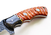 Damascus Hunting Knife with Hand-Carved Orange Wood Handle, Leather Sheath