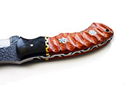 Damascus Hunting Knife with Hand-Carved Orange Wood Handle, Leather Sheath